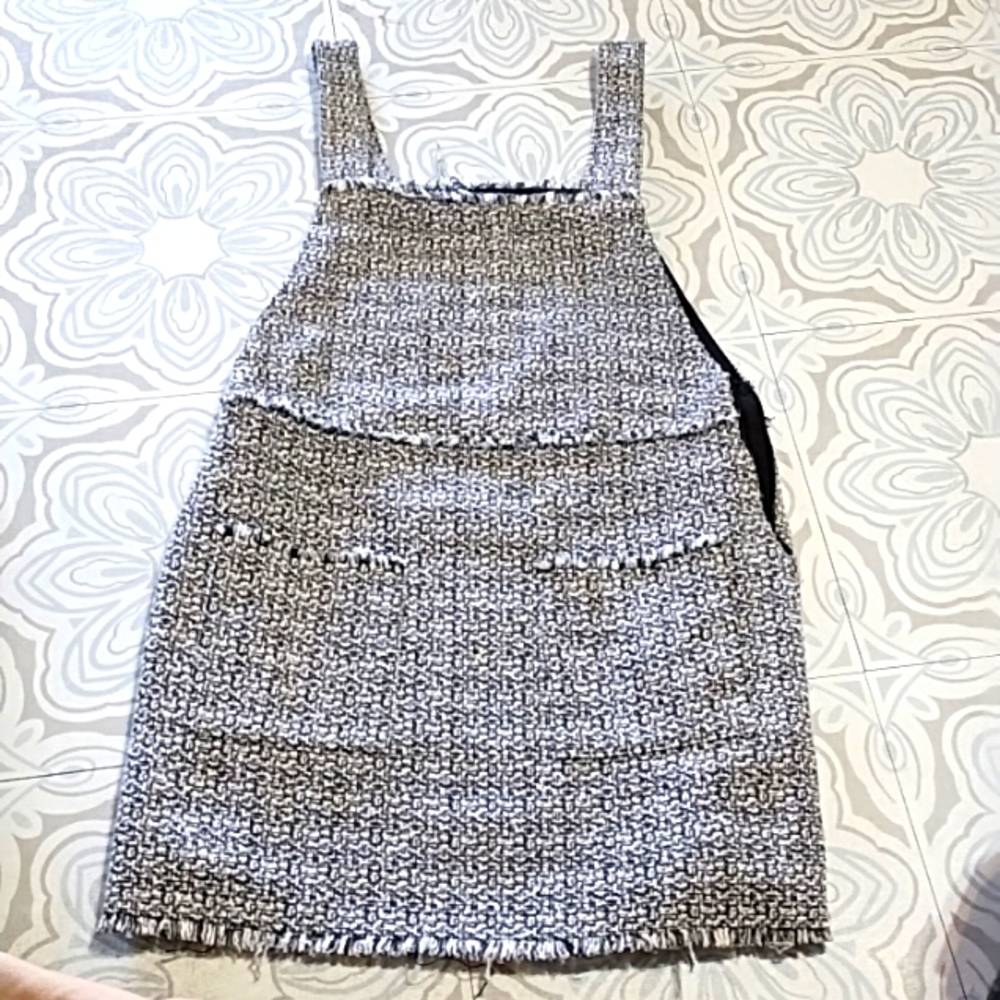 Womens Forever 21 Halter Overall Dress Sz M Black N White Frayed Trim Tweed Mini
